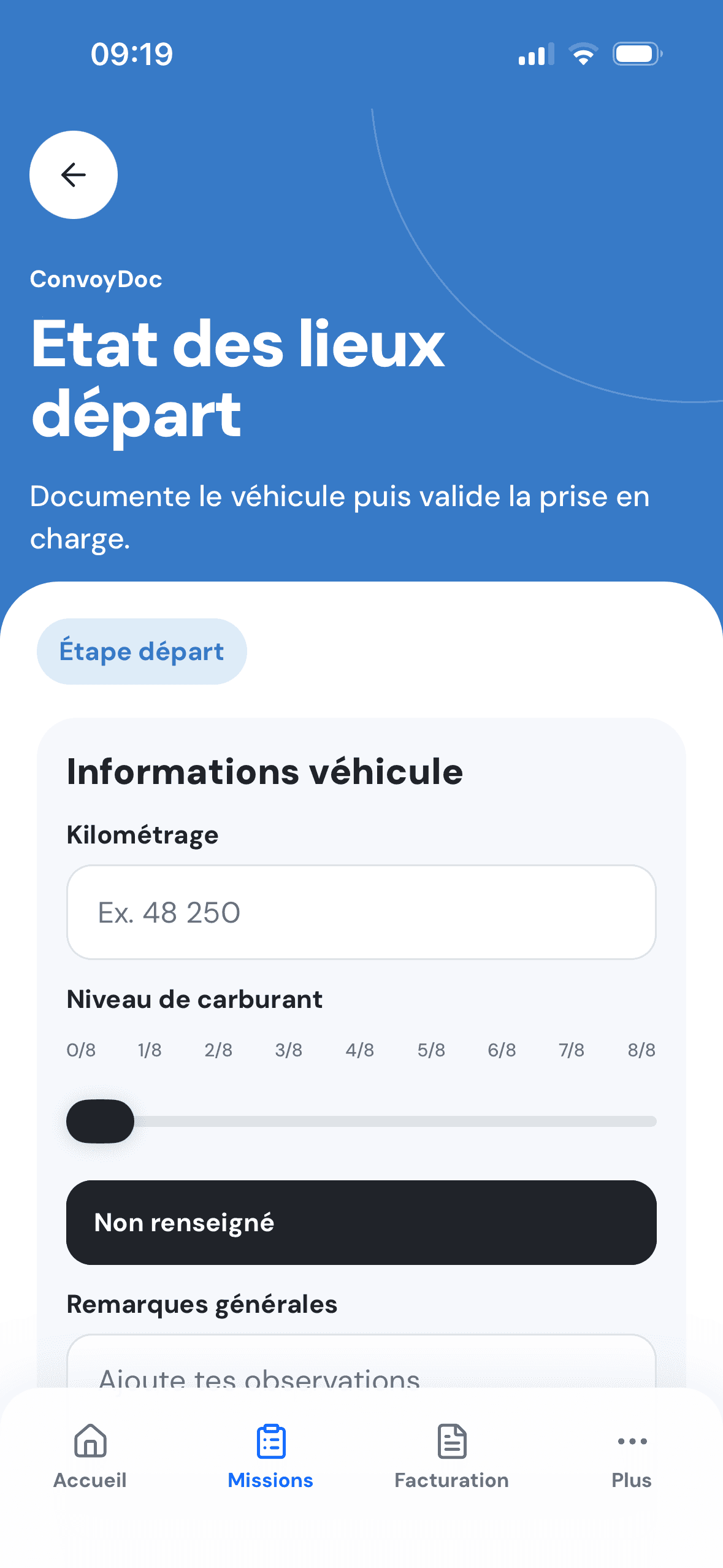 État des lieux de départ dans ConvoyDoc