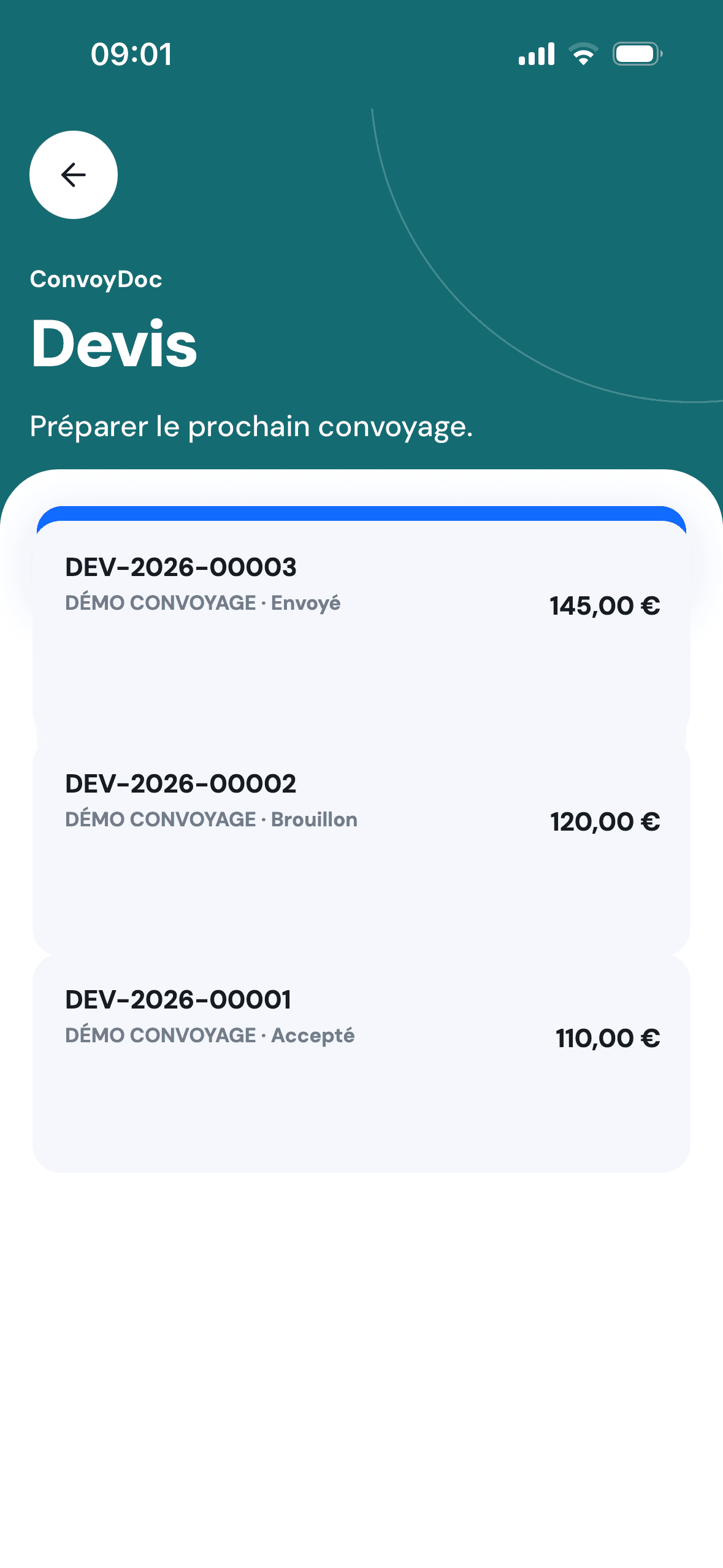 Création d'un devis dans ConvoyDoc